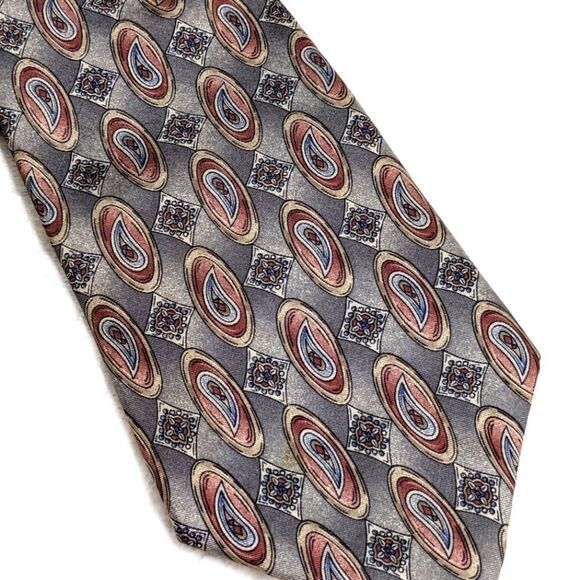 Men's Vintage 100% Italian Silk Tie Diamond & Paisley Motif - Picture 9 of 13